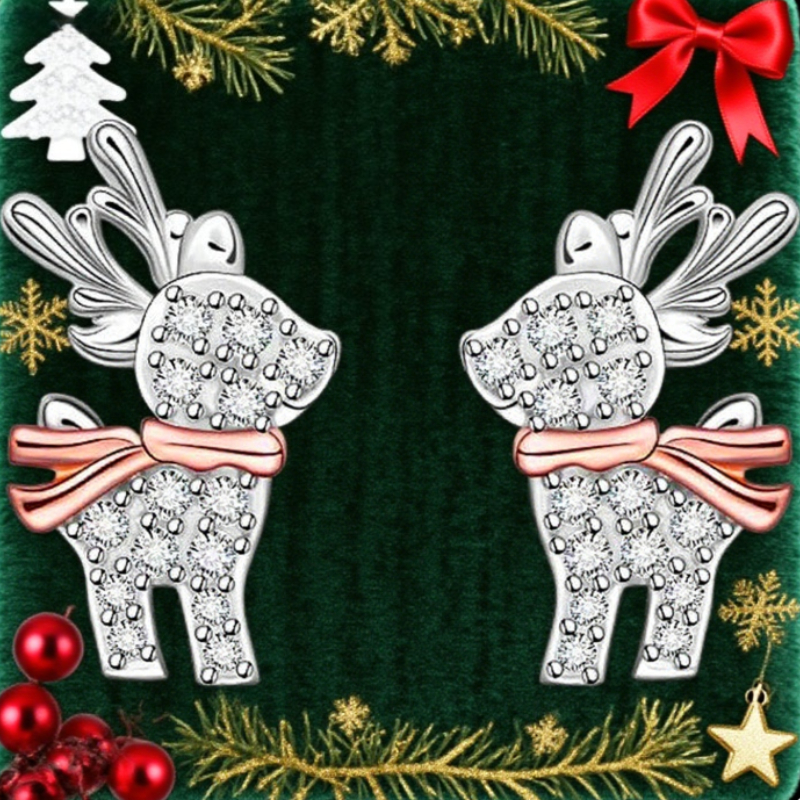 Cute Reindeer Stud Earrings with Zirconia